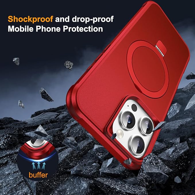 Compatible with iPhone 16 Pro Case with Invisible Magnetic O-Ring Stand Military-Grade Case for iPhone 16 Pro 6.3" [Compatible with Mag-Safe][Great Grip Feeling], Red