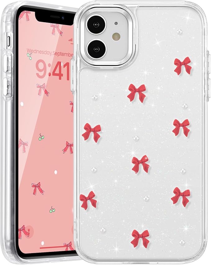 EYZUTAK Case for iPhone 11, Bling Glitter 3D Bowknot Phone Case Cute Sparkly Crystal Clear Bow Aesthetic Design Case Slim Soft Durable TPU Transparent Protective Cover for Women Girl - Red Bow