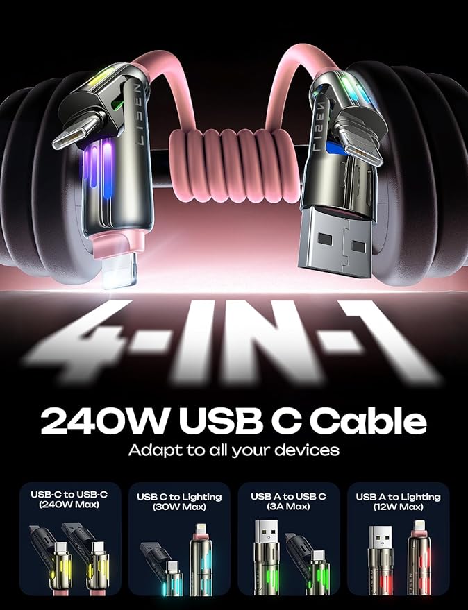 LISEN Pink iPhone Charger Cable, 240W Chubby USB C, 4 in 1 Charging Cable (6.6FT) with Light, USB A/C to C/L Multi Charging for iPhone 16 15 14 Pro Max/MacBook/iPad Pro/Samsung, Pink Accessories