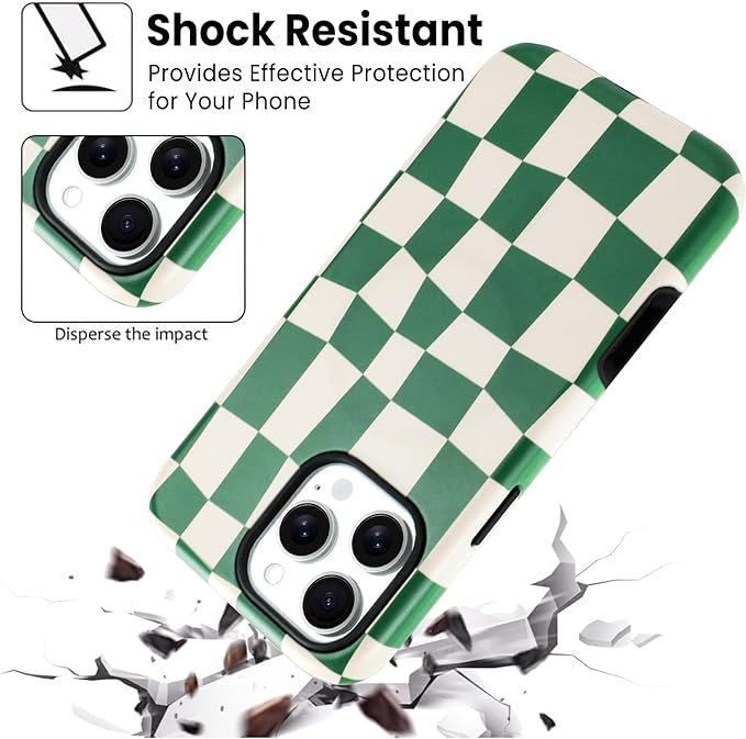 SOKAD Magnetic Checkered Phone Case for iPhone 16 Pro Max, Cute Grids Plaid Checkerboard Pattern Compatible with Magsafe Matte Protective Case Cover with Screen Protector for Girls Women, Green