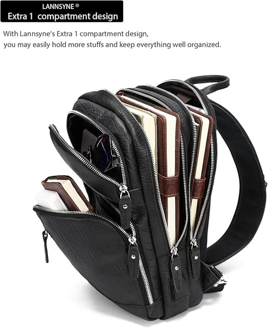 LANNSYNE Full Grain Leather Sling Bag For Men Crossbody Chest Daypack fits 10.5" iPad