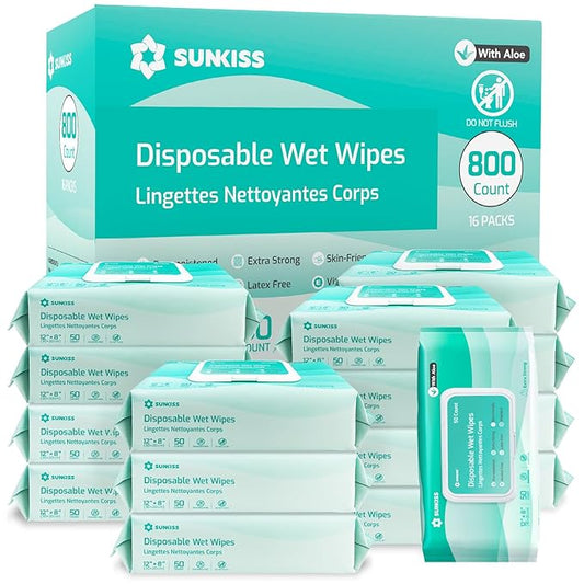 SUNKISS Trustplus Wet Wipes for Adult No Rinse, Extra Large 8”x12” Body Cleaning Washcloths for Elderly Incontinence & Cleansing, Unscented, 800 Count (16 Packs of 50)