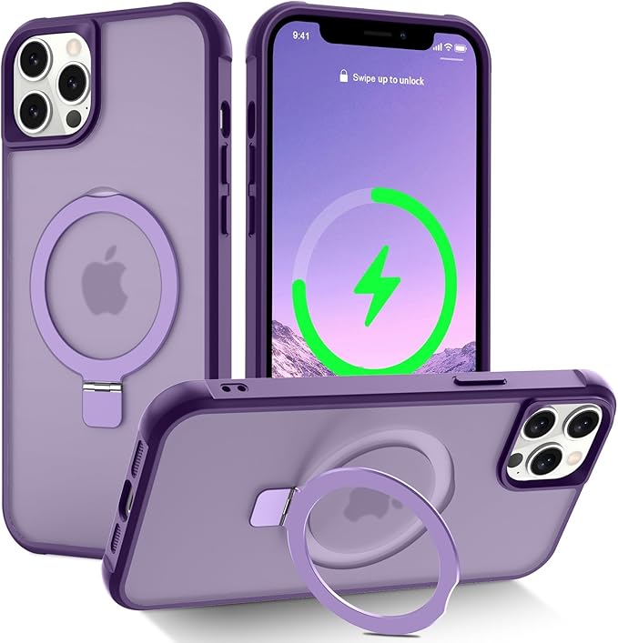 Magnetic Compatible with iPhone 12 Pro Max Case with Stand [Military Grade Drop Tested][Compatible with Magnet] Ring Translucent Slim Hard Back Soft Edge, Purple