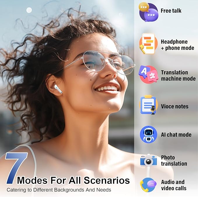 AI Translation Earbuds Real Time with Audio and Video Calls, 3-in-1 Language Translator Earbuds Support 164 Languages and 7 Translation Modes, 32H Buletooth 5.3 Headphones with Mic, White
