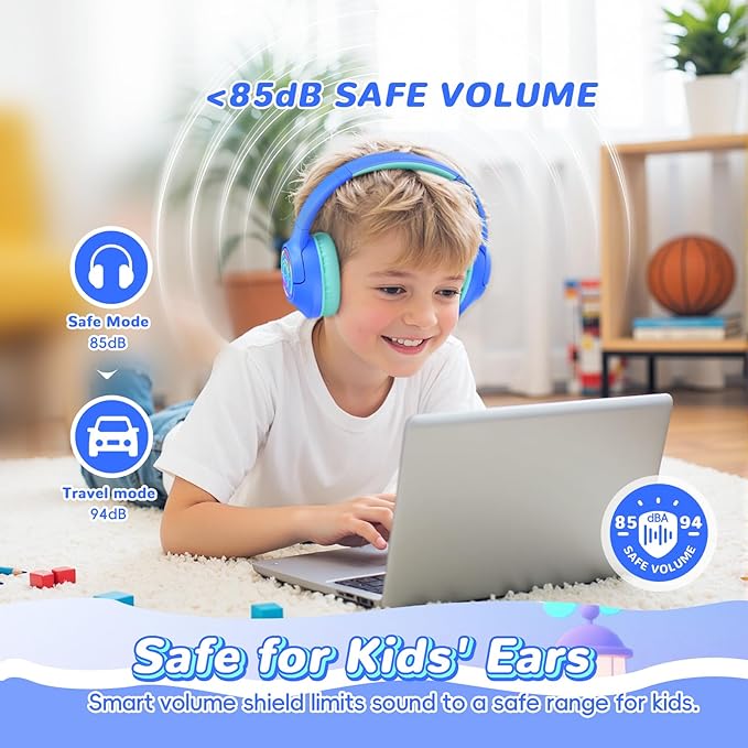 Kids Bluetooth Headphones, 85H Playtime Wireless Headphones for Kids, Colorful LED Lights, 85/94dB Safe Volume Limit, Bluetooth 5.4 Built-in Mic Toddler Headset for Tablet/Airplane/Travel (Blue)