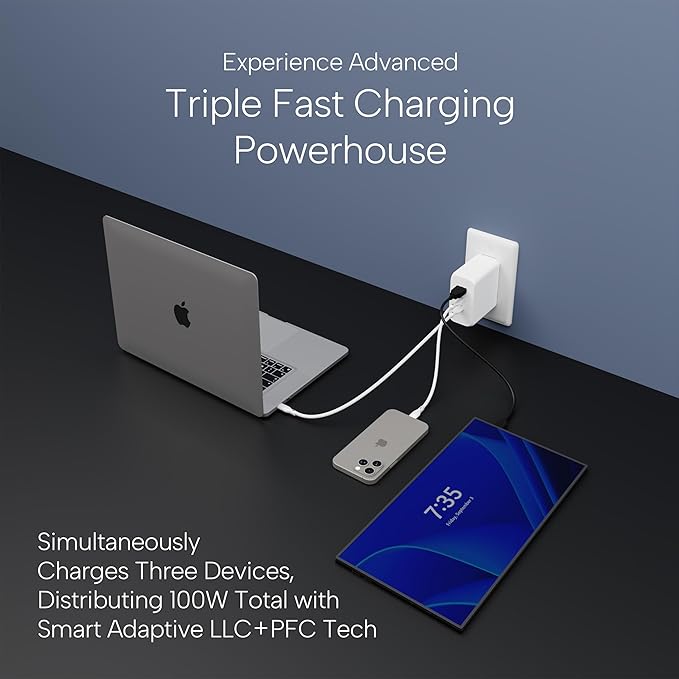 100W Smart GaN PD Charger, 6.6ft/2m 100W E-Mark Cable, 3 Ports (2 USB-C, 1 USB-A), Compatible with MacBook Pro, Pixelbook, ThinkPad, XPS, iPad Pro, Samsung S25 Ultra, iPhone 16 Pro & More