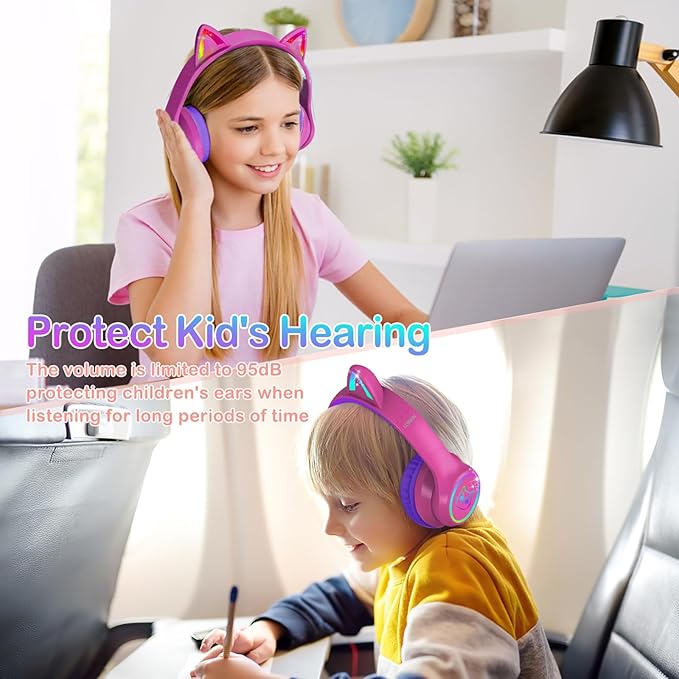 LOBKIN Bluetooth 5.4 Kids Headphones with Case - RGB LED Light Up Cat Ears Foldable Adjustable Over Ear Headphone Support Wireless or 3.5mm Wired Mode for Toddler & Girls & Boys Teens