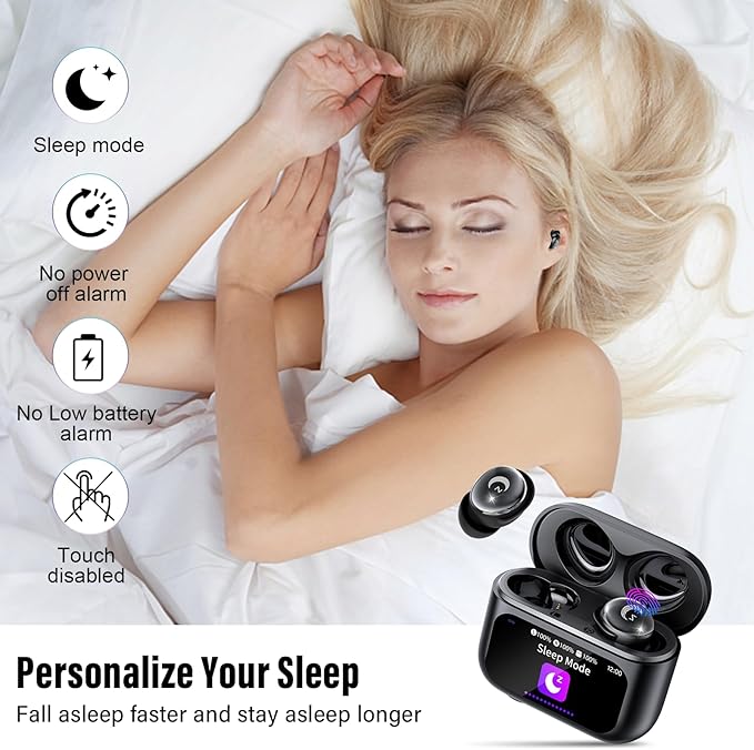 Sleep Earbuds Bluetooth 5.4 in Ear Smart Touch Screen Ear Buds, 48H Playtime Mini Sleep Headphones Small Design for Side Sleepers, Crystal-Clear Calls, 5 EQ Modes, IPX7 Waterproof Earphones Black