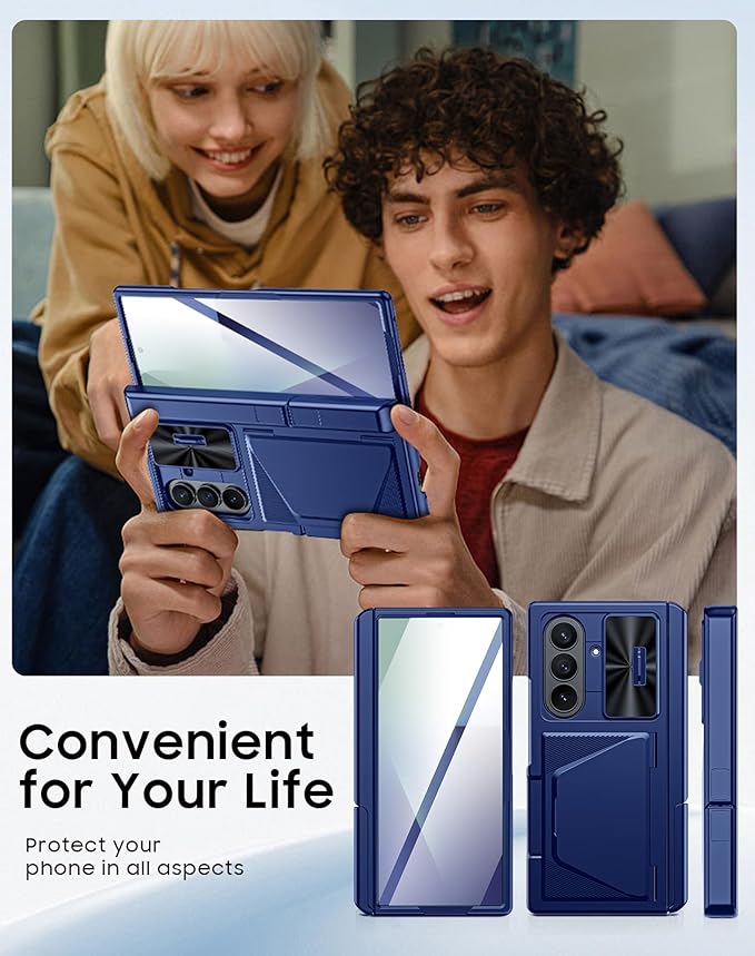 for Samsung Galaxy Z Fold 7 Case with Card Holder RFID Blocking, Built in Slide Lens Cover & Hinge Protection & Kickstand & Screen Protector, Shockproof Wallet Case for Z Fold 7 (Sapphire Blue)