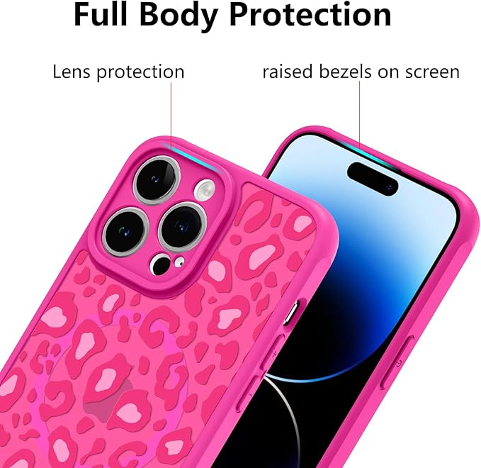 KANGHAR Case for iPhone 14 Pro Max Hot Pink Leopard Printed Pattern Cute Cheetah [Compatible with Magsafe] Protective Magnetic Case for Girls Women 6.7"