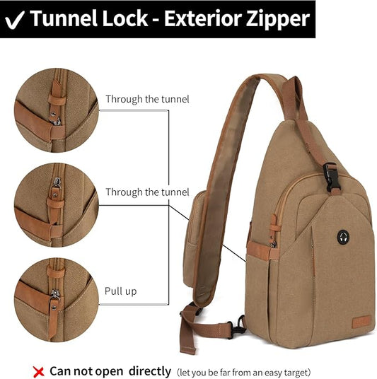 Sling Bag for Men, Large Crossbody Bag Men with Anti Theft Tunnel Lock Zipper Canvas Sling Backpack for Travel Hiking