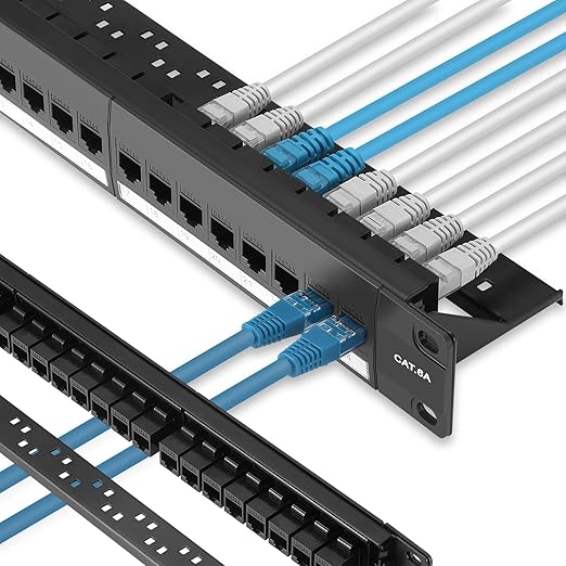 Rapink Patch Panel 24 Port Cat6A with Inline Keystone 10G Support, Pass-Thru Coupler UTP 19-Inch with Removable Back Bar, 1U Network Patch Panel for Cat6a,Cat6, Cat5e, Cat5 Cabling