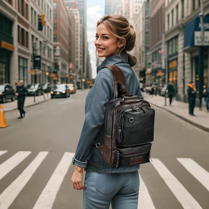 Vintage PU Leather Sling Backpack for Men, Crossbody Bag, Adjustable Shoulder Strap, Compact Backpack for Travel, Daily Use, and Gift, Black