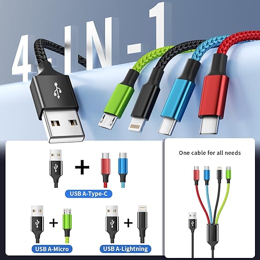 Travel Essentials Multi Charging Cable [2Pack 5FT], Nylon 4 in 1 Charging Cords, USB Cable Phone Charger with IP/Type C/Type C/Micro Port, Compatible with Most Cell Phones/Tablets and More