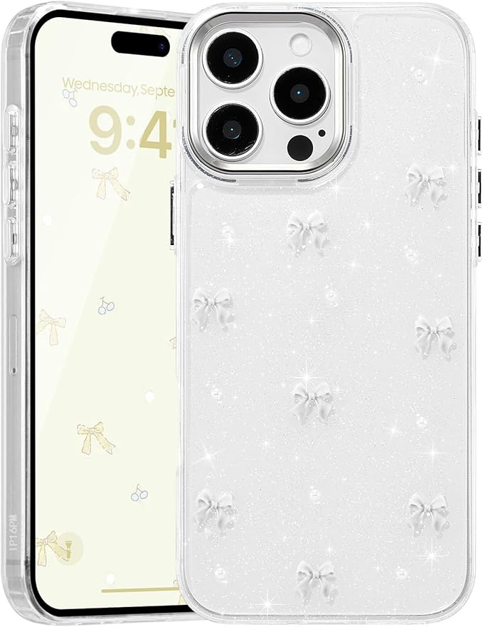 EYZUTAK Case for iPhone 16 Pro, Bling Glitter 3D Bowknot Phone Case Cute Sparkly Crystal Clear Bow Aesthetic Design Case Slim Soft Durable TPU Transparent Protective Cover for Women Girl - White Bow