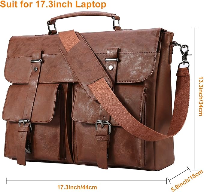 Seyfocnia Leather Messenger Bag for Men, Vintage Leather Laptop Bag Briefcase Satchel, 17.3 Inch Computer School Work Bag (Brown)