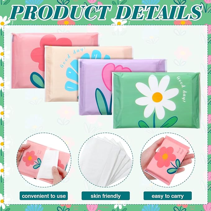 PerKoop 100 Pack Pocket Tissues Travel Slim Packs Small Facial Tissues Wallet Size Toilet Paper for Travel Guest Wedding Supplies, 4 Styles(Cute Floral)