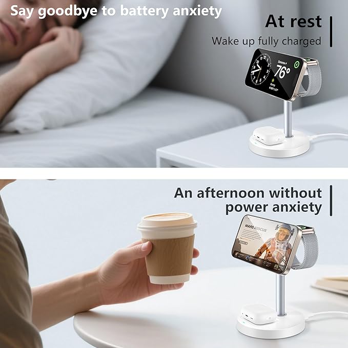 3 in 1 Wireless Charging Station for Multiple Devices, 15W Fast Magnetic Wireless Charger Stand with Adjustable Angle, Compatible with iPhone12-16 Series, Apple Watch, AirPods - Gifts for Men &Women