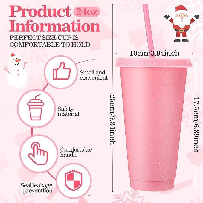 Honeydak 60 Pack Tumbler with Straw and Lid Bulk Glitter Plastic Cups Water Bottle Iced Coffee Travel Mug Reusable Party Favor Cups for Birthdays travel 24-27 oz (Light Pink)