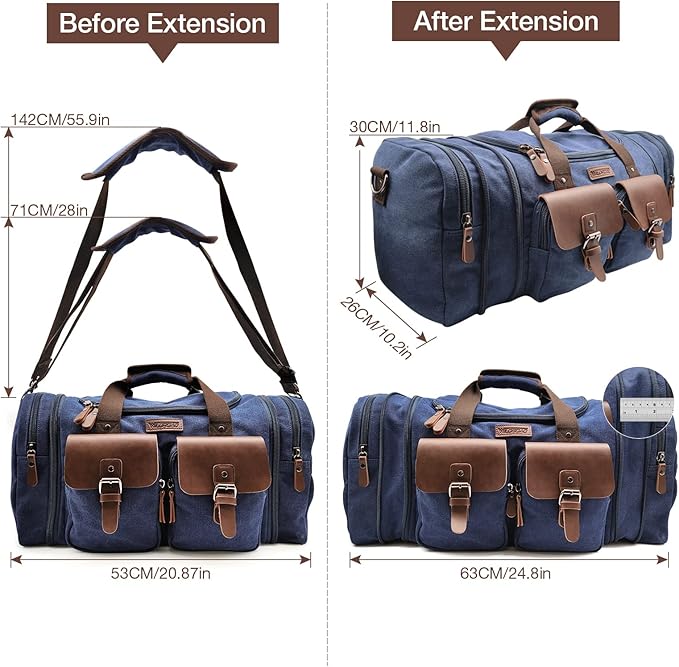 Wildroad 50L Travel Duffel Bag, Expandable Canvas Genuine Leather Duffle Bag Upgraded Overnight Weekender Carry on Bag