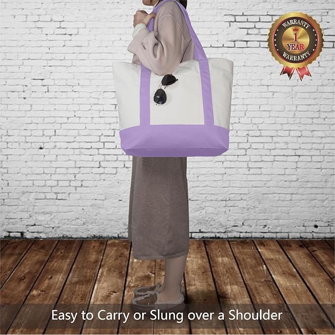 TOPDesign 3-Pack Canvas Tote Bags with an External Pocket, Reusable Grocery Shopping Bags, Top Zipper Closure, Daily Essentials (Lavender/Natural)