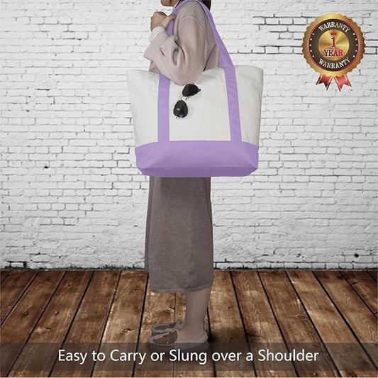 TOPDesign 1-Pack Canvas Tote Bag with an External Pocket, Reusable Grocery Shopping Bag, Top Zipper Closure, Daily Essentials (Lavender/Natural)