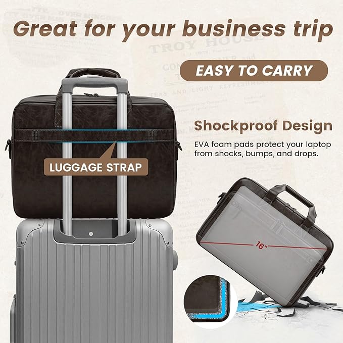 RAINSMORE Mens Laptop Bag 16 Inch Leather Briefcase Vintage Messenger Bag for Men Large Crossbody Shoulder Office Computer Bag Retro College Satchel for Work, Business,Travel, Coffee