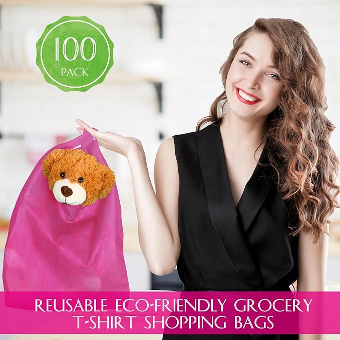 Windyun Large Grocery T-shirt Bags Bulk Reusable Non Woven Shopping Bag Foldable Gift Tote with Handle, 21x11x6 Inch