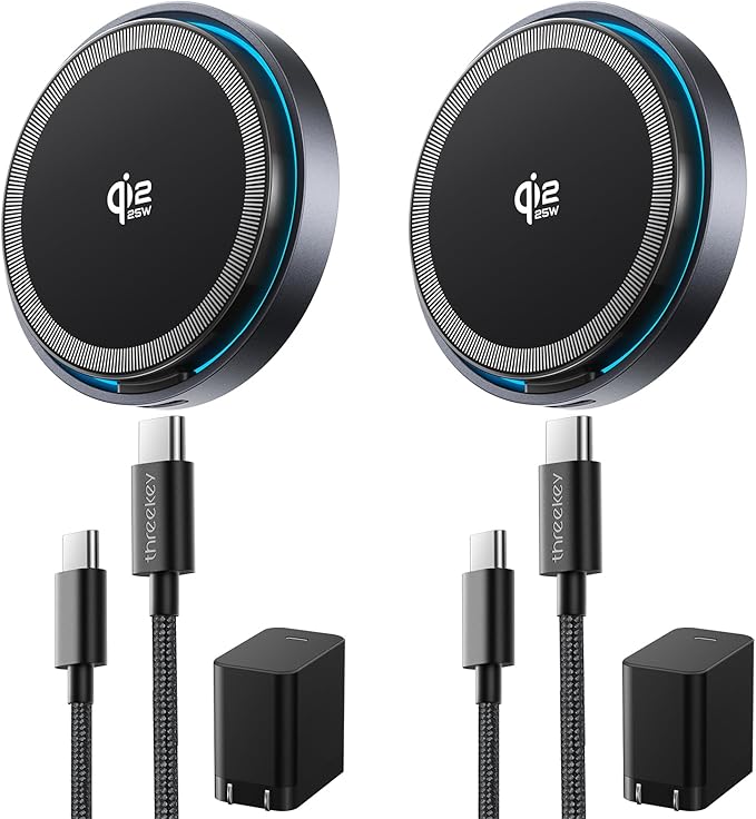 THREEKEY for MagSafe Charger, 2 Pack Qi2 25W Fast Charging Pad with Cooling Fan, Magnetic Wireless Charger with 6.6ft Cable for iPhone 17/16/15/14 Series (45W Adapter Included) (Black, 2 Pack)
