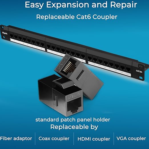 Rapink Patch Panel 24 Port Cat6A with Inline Keystone 10G Support, Pass-Thru Coupler UTP 19-Inch with Removable Back Bar, 1U Network Patch Panel for Cat6a,Cat6, Cat5e, Cat5 Cabling