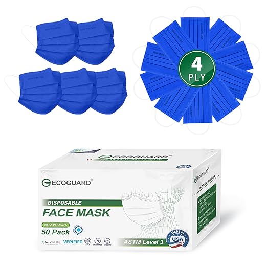 Disposable Face Masks Made in USA, 4 Ply for Families, Students, Breathable All-Day Wear & Safety, FSA HSA Eligible, ASTM Level 3 Medical Grade, 50 Pack, Royal Blue