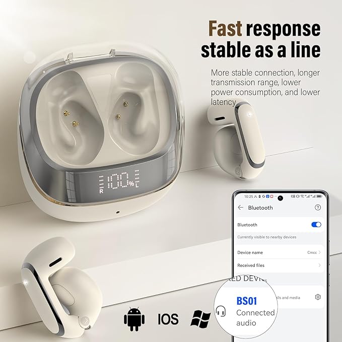 Wireless Earbuds, Clip On Ear Headphones, Bluetooth 5.4 HiFi Stereo Earbuds,42H, LED Display Ear Buds, Comfortable Lightweight, IP7 Waterproof Open Ear Earphones, Earbud for Workouts Running,Off White