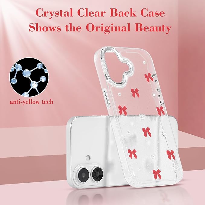 EYZUTAK Case for iPhone 16 Plus, Bling Glitter 3D Bowknot Phone Case Cute Sparkly Crystal Clear Bow Aesthetic Design Case Slim Soft Durable TPU Transparent Protective Cover for Women Girl - Red Bow