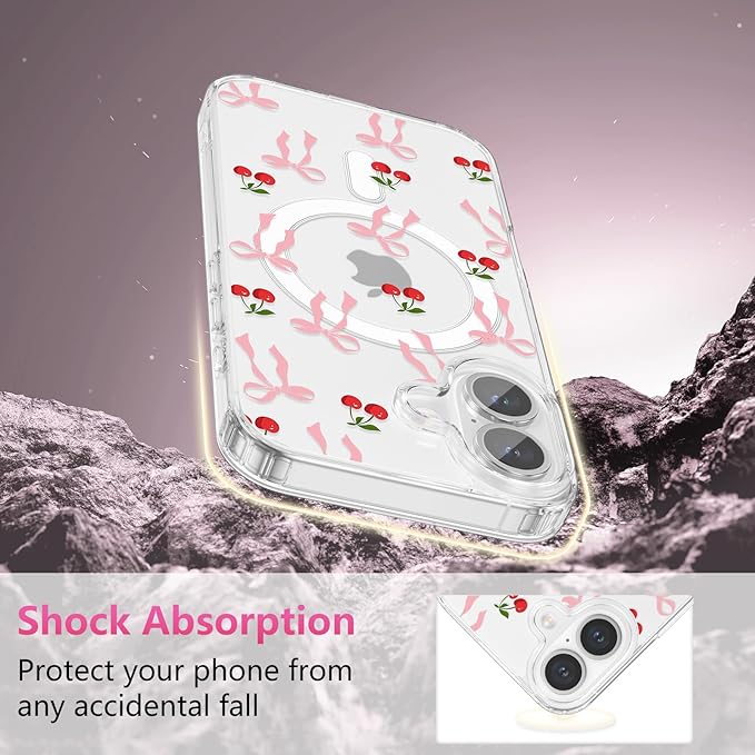 ZTOFERA for iPhone 16 Plus Magnetic Case Clear,Cute Love Heart Ribbon Bow Tie Aesthetic Phone Case,Transparent Trendy Slim Soft Shockproof Protective Phone Cover for Women Girls,Peach Pink