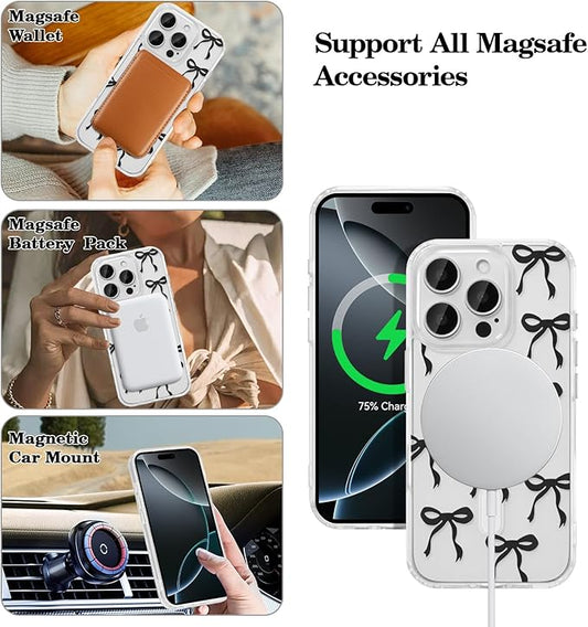 UEEBAI Magnetic for iPhone 13 Pro Max Case, Bow Case Compatible with MagSafe, Wireless Slim Clear Ribbon Aesthetic Phone Cover Anti-Yellowing Shockproof Protective Cover for Women Girl - Black