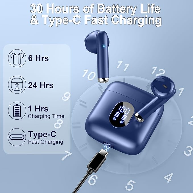 Wireless Earbuds Bluetooth 5.4 with 4 ENC Noise Canceling Microphones, 30H Playtime USB-C Fast Charging Case, Hi-Fi Stereo Sound, IP7 Waterproof & Ultra-Light 3g Design for Gym Running Workout