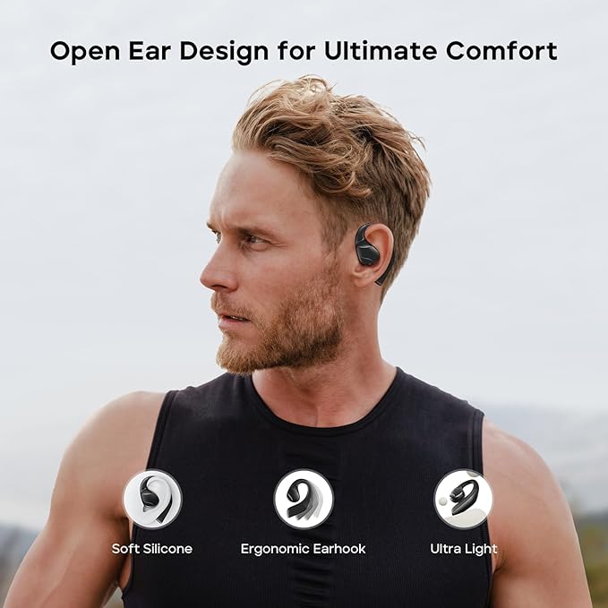 Tribit Open-Ear Headphones OpenGo, Wireless Earbuds with Bluetooth 5.3, IPX5 Waterproof Sport Earphones, 104H Playtime with Charging Case, Ergonomic Earhooks, LED Display, Built-in Mic for Workout