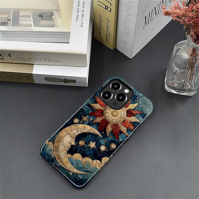 Case for iPhone 12 12 Pro Case,Sun Moon Stars Faux Stained Glass Design Hybrid Dual Protection Silicone + Hard PC Shockproof Full Body Cover,Slim Anti-Scratch Protective for Men Women