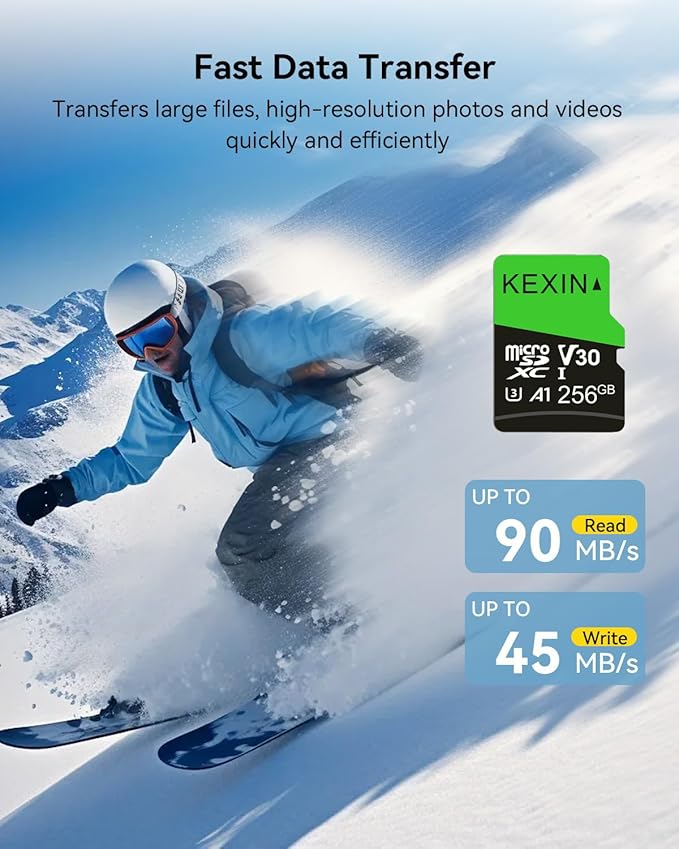 KEXIN 256GB Micro SD Card with SD Adapter microSDXC Memory Card UHS-I A1 V30 U3 Micro SD Card Full HD High Speed TF Card for Smartphone Tablet Action Camera Dash Cam Drone Game Console
