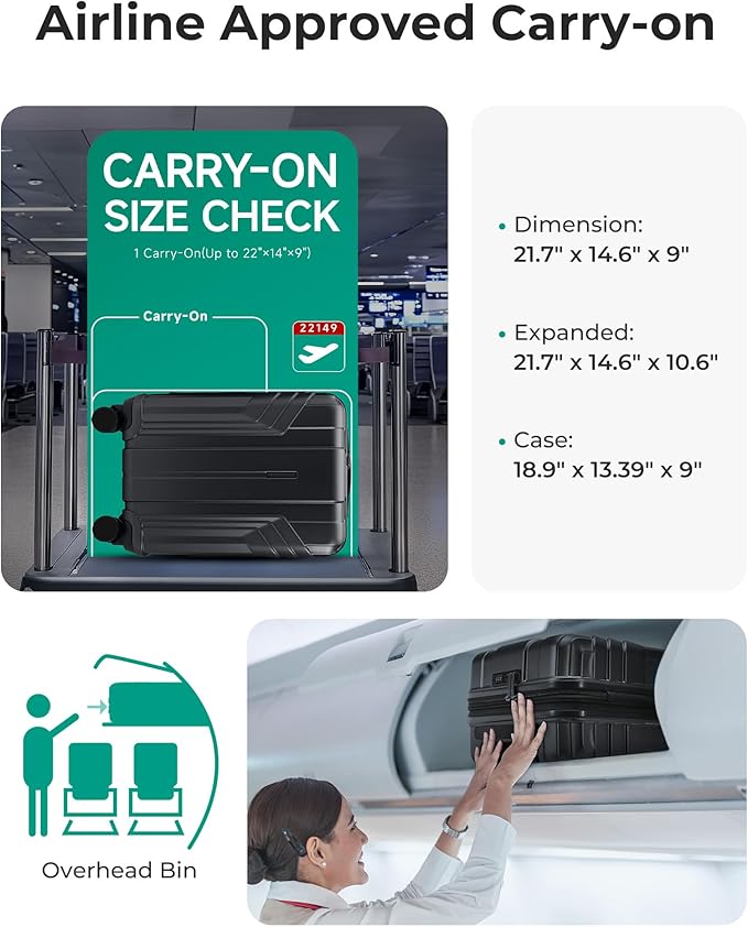 BAGSMART Expandable Carry On Luggage 22x14x9 Airline Approved, 1OO% PC Lightweight Hard Shell Suitcase, 20 Inch Travel Luggage with Spinner Wheels, Waterproof Rolling Suitcase, Black