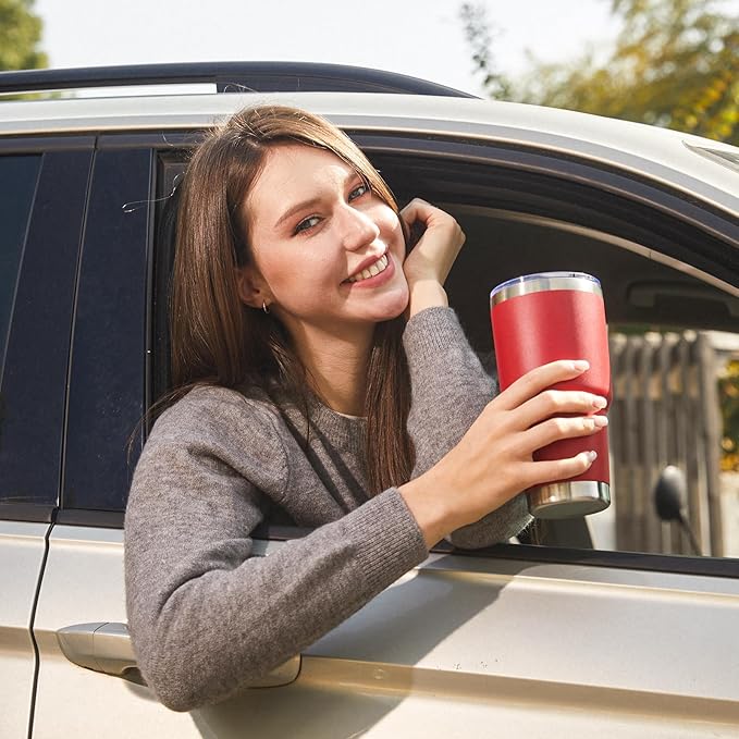 MEWAY 30oz Insulated Tumbler With Lids and Straws,Stainless Steel Double Vacuum Coffee Tumbler Cup, Brush, Durable Powder Coated Coffee Cup for Cold & Hot Drinks, Office, Travel(Coral red,4 PACK)