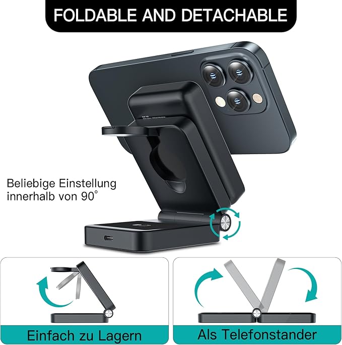 HUOTO 3 in 1 Foldable Magnetic Wireless for iPhone Charging Station,10000mAh Portable Charger Power Bank with Stand for MagSafe Battery Pack for iPhone 16/15/14/13/12 Series,for Apple Watch/Air pods