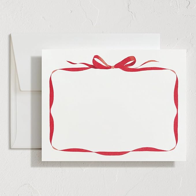 Minted Bow Stationery Cards, 10 Count, Blank Cards and Envelopes For Thank You Notes, Holiday Greeting, Invitations & Handwritten Messages, Note Cards & Stationery Set, Gifts for Women, Red Bow Theme