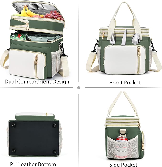 LOKASS Lunch Box for Women, 16L, Double Deck Expandable Insulated Lunch box For Adults/Women Thermal Large Waterproof Leakproof Cooler Bag with Shoulder Strap - Military Green