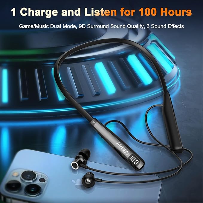 Neckband Bluetooth Headphone with LED Power, Neckband Headphones 100 Hours Playtime, in-Ear Bluetooth Headphone with Microphone for Running and Exercising in The Gym (Y10)