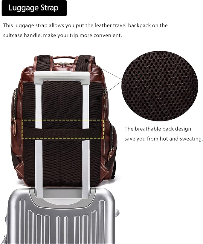 LANNSYNE Full Grain Leather Backpack For Men, Fits 16" Laptop, Coffee