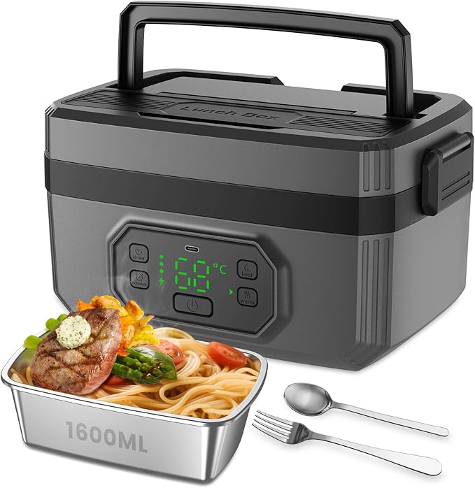 Cordless Electric Lunch Box - 24000mAh Rechargeable Heated Lunch Box, 1.6L Portable Self-Heating Food Warmer for Adults, Men & Women
