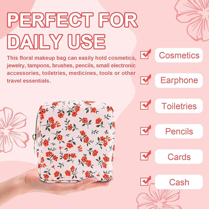 Waterproof Mini Floral Makeup Bag Pouch for Purse,Nylon Flower Cosmetic Travel Bag Small Preppy Toiletry Organizers Bag for Women Girl,Cute Zipper Pouch Coin Purse for Work(Mini Pink-Flowers)
