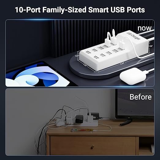 USB Charging Station 50w10A 10-Port Charger, Multiport Charger Hub, Compatible with iPhone, Galaxy, iPad Tablet, and Other Devices（White）
