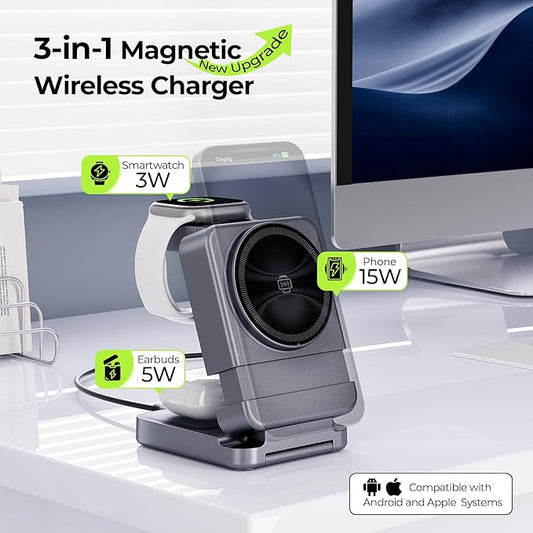 【2025 Upgraded】 Wireless Charger 3 in 1, Foldable Wireless Charging Station, Travel Magnetic Charger Stand, Nightstand 15W Charging Station for iPhone 16 Samsung S25 Samsung Watch TWS Earphone